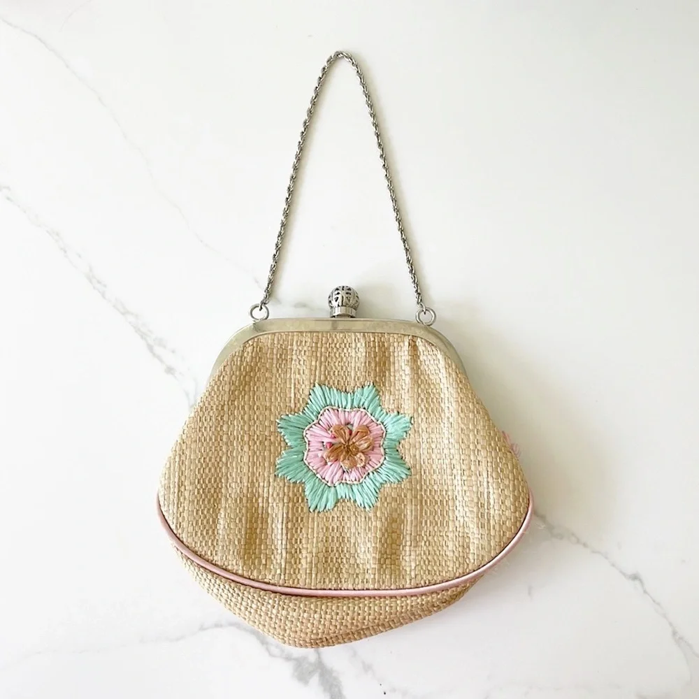 LA REGALE vintage woven purse brown pink green silver chain - Picture 2 of 7